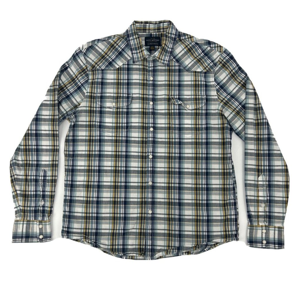 Mens‎ Lucky Brand Saturday Stretch Long Sleeve Pearl Snap Shirt Blue Plaid L